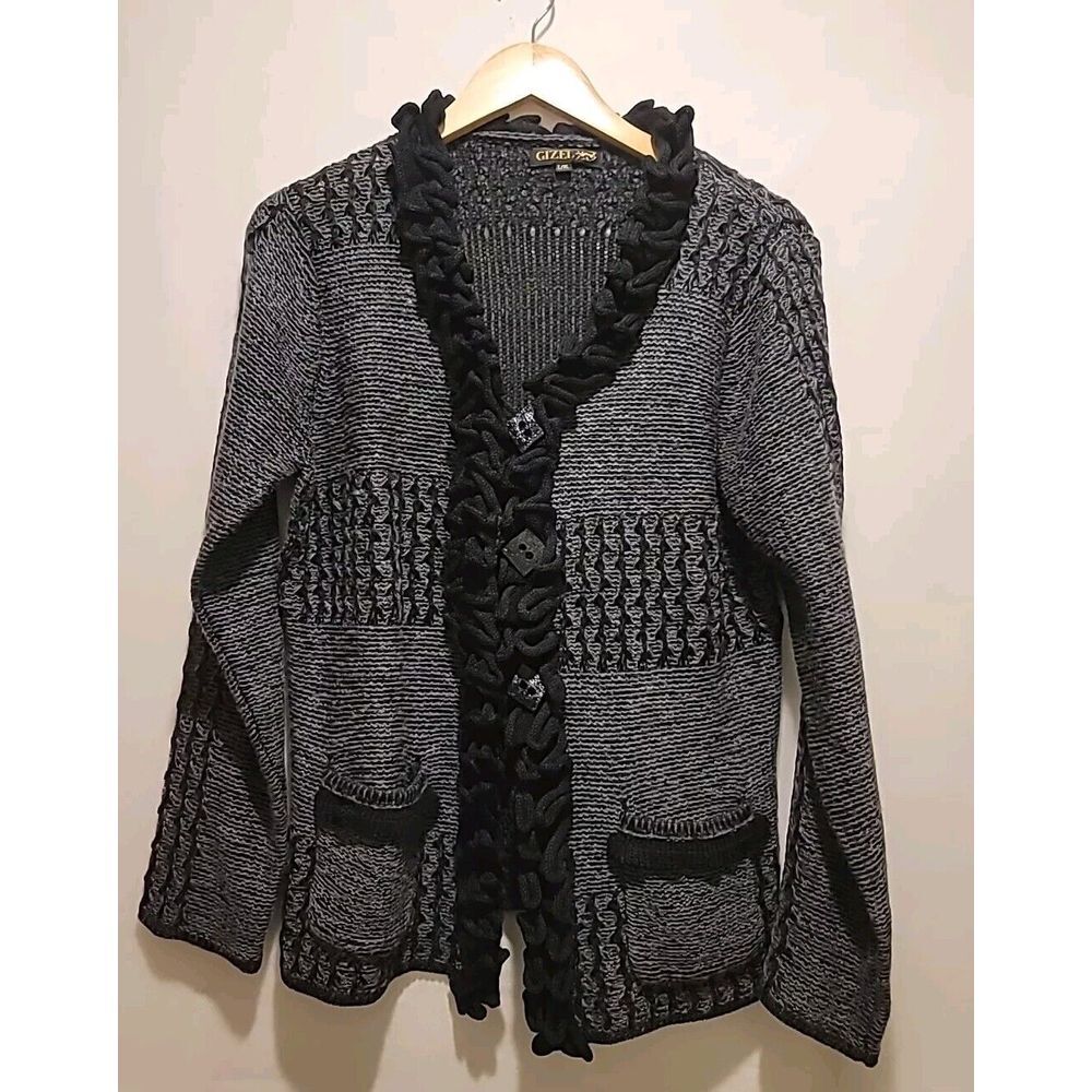 Vintage Gizel Sweater Coat Black Knit Crochet‎ Cardigan Wooden* Buttons  L/XL